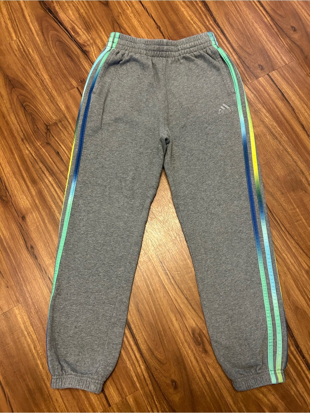 adidas Kids Gray Sweatpants with Blue, Green & Yellow Side Stripes